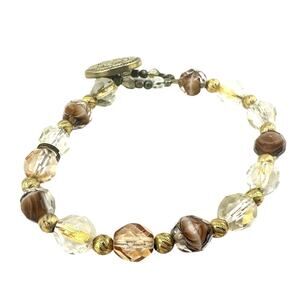 Handmade Faceted Glass Brown Clear Beads Gold Tone Button Toggle 6.25” Bracelet